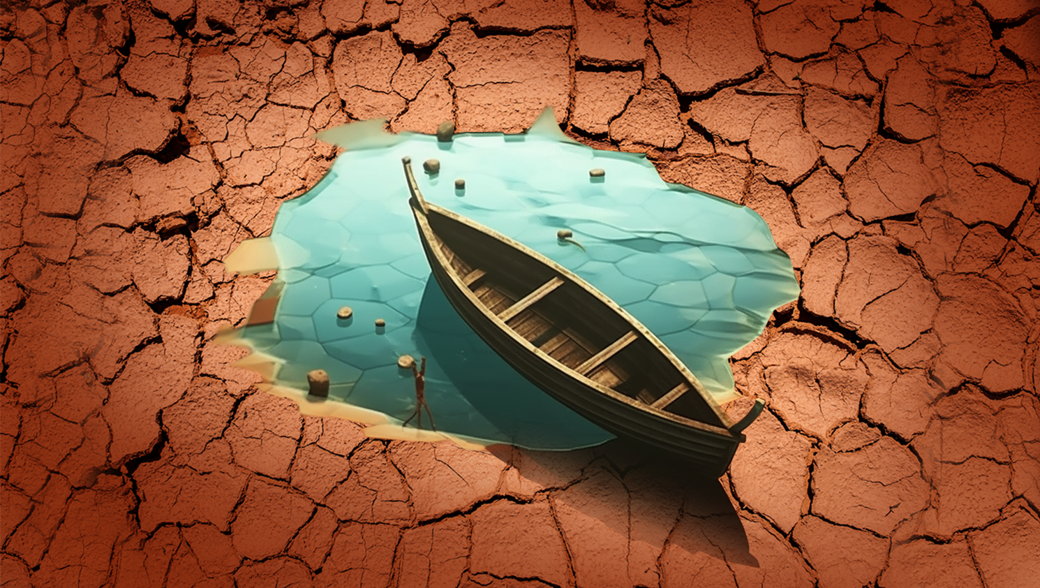 A boat in a puddle surrounded by cracked earth.