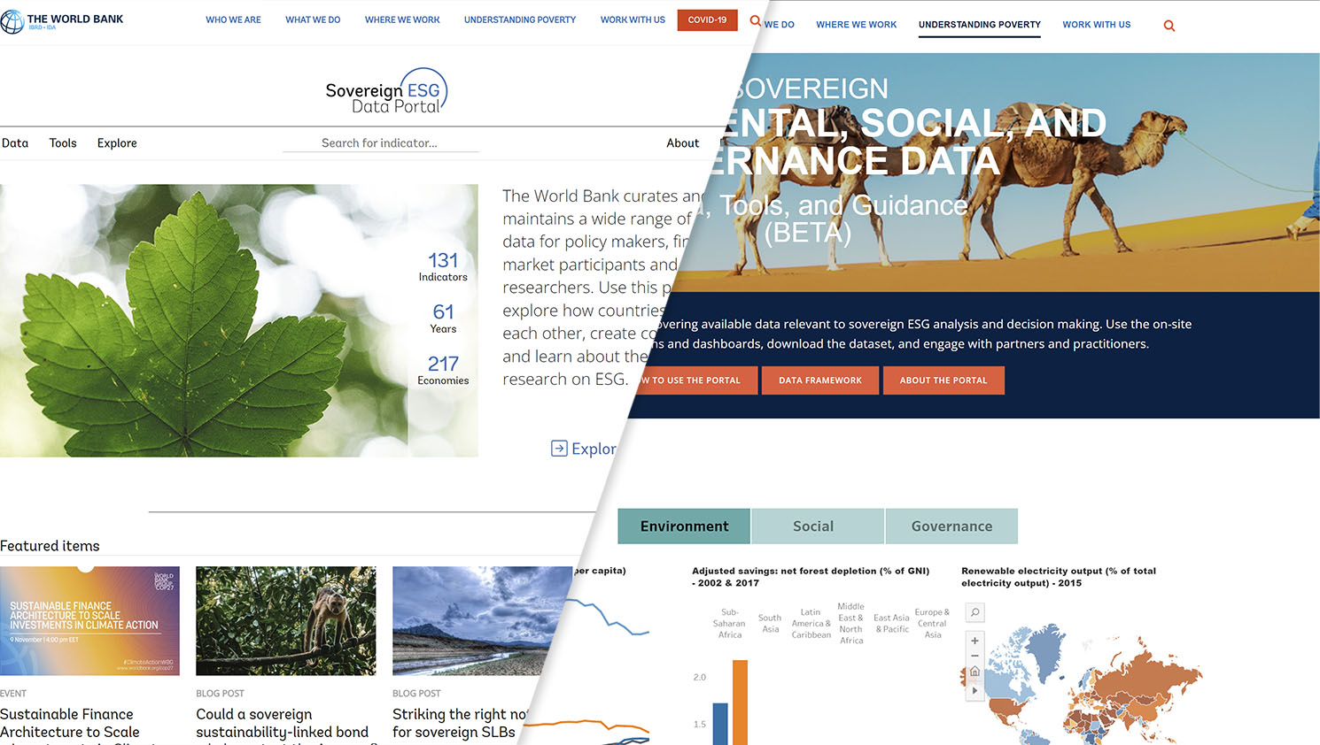 Picture showing the new and old (BETA) version of the Sovereign ESG Data Portal landing page.